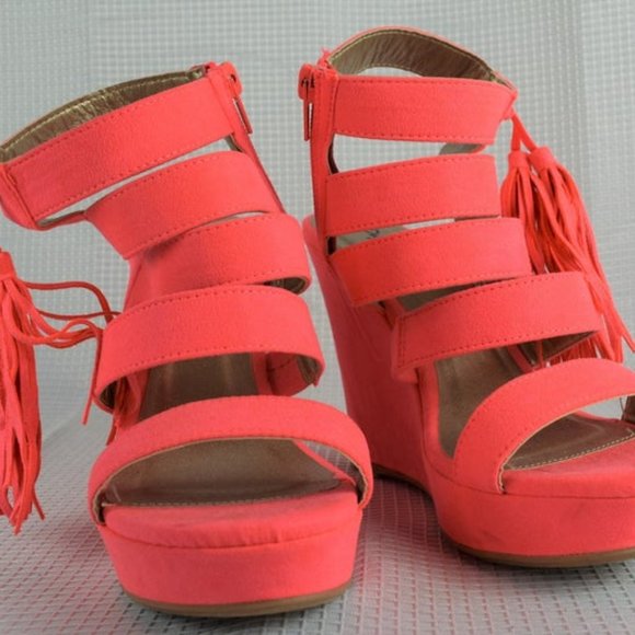 Platform Wedge Sandals Peachy Pink Zipper Tassels - Picture 2 of 8